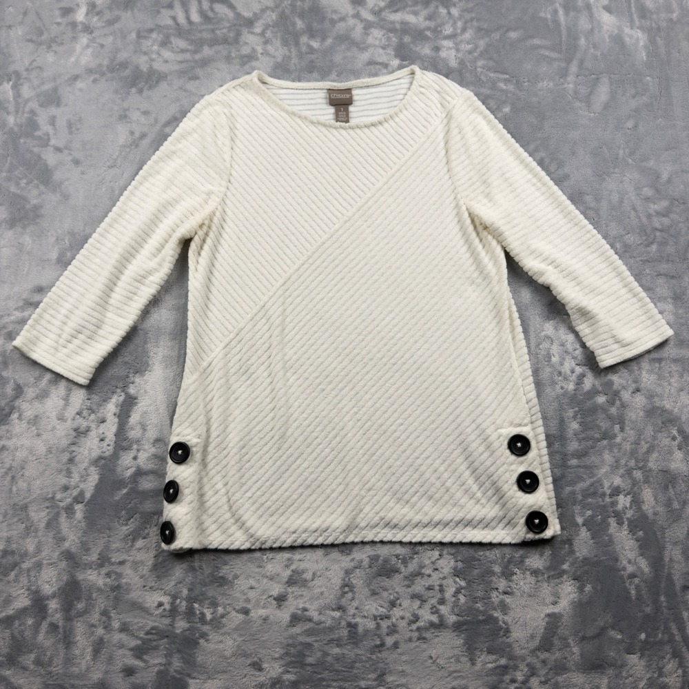 Chicos Ivory Textured Ribbed Knit Top 3/4 Sleeve Button Detail Size 1 M